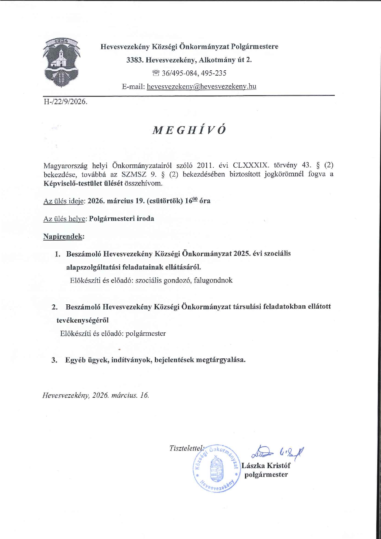 Meghívó 2026.03.19. Képviselőtestületi ülésre